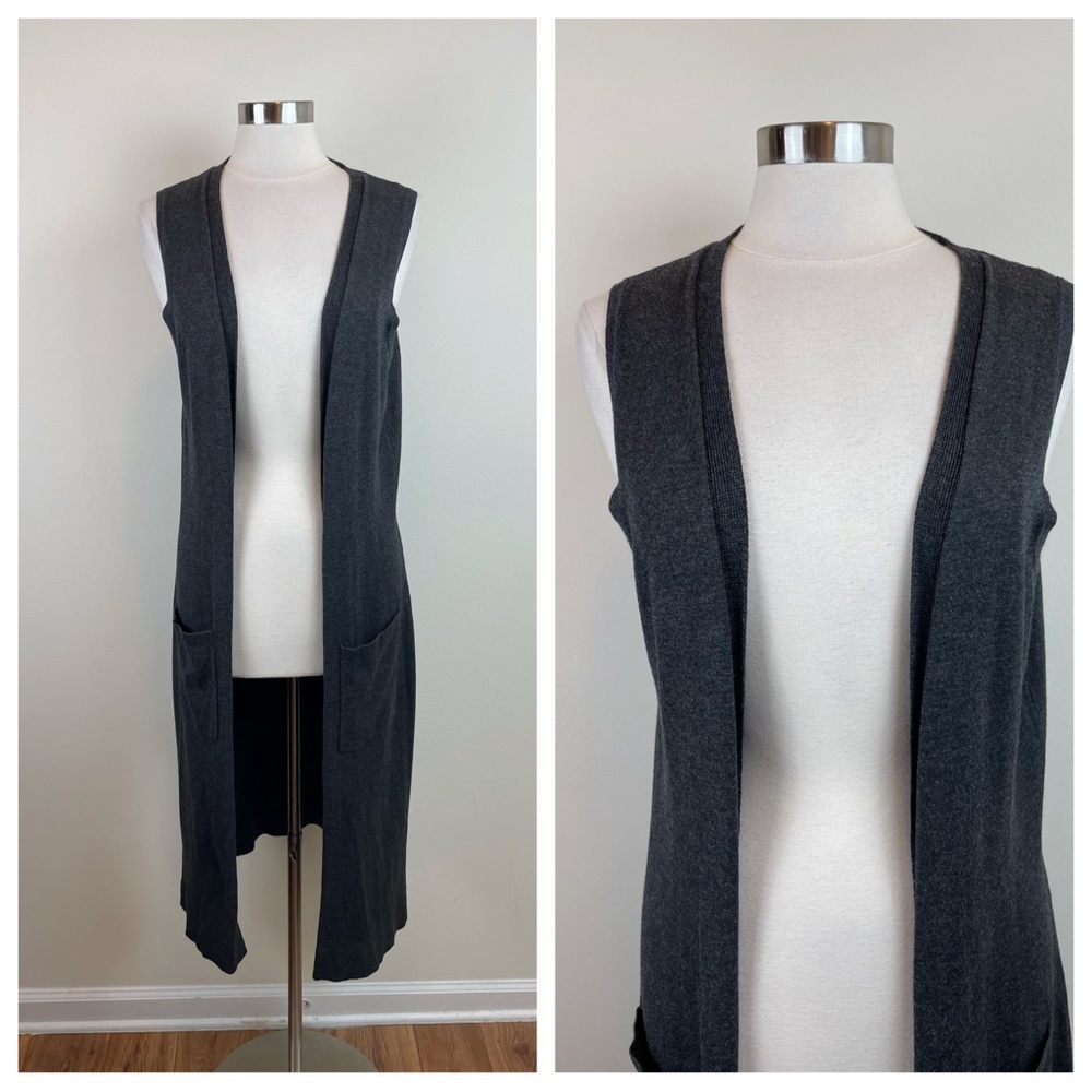Zoe Solid Gray Long Duster Open Front Sweater Top Women